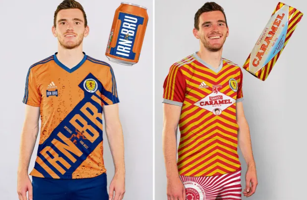 A man is seen wearing two different football kits. On the left it is an Irn Bru kit: orange and dark blue with 'bubbles'. On the right it is Tunnock's: the top has the red and yellow stripes of a Caramel Wafer, but the shorts are red and white, looking like the wrapper of a Tunnock's tea cake